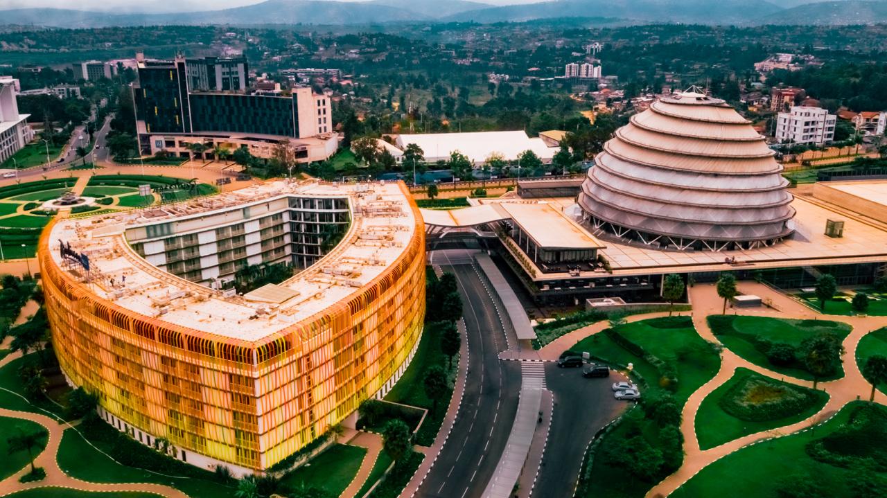 Aerial view of the Kigali Convention Centre and the hills around Kigali